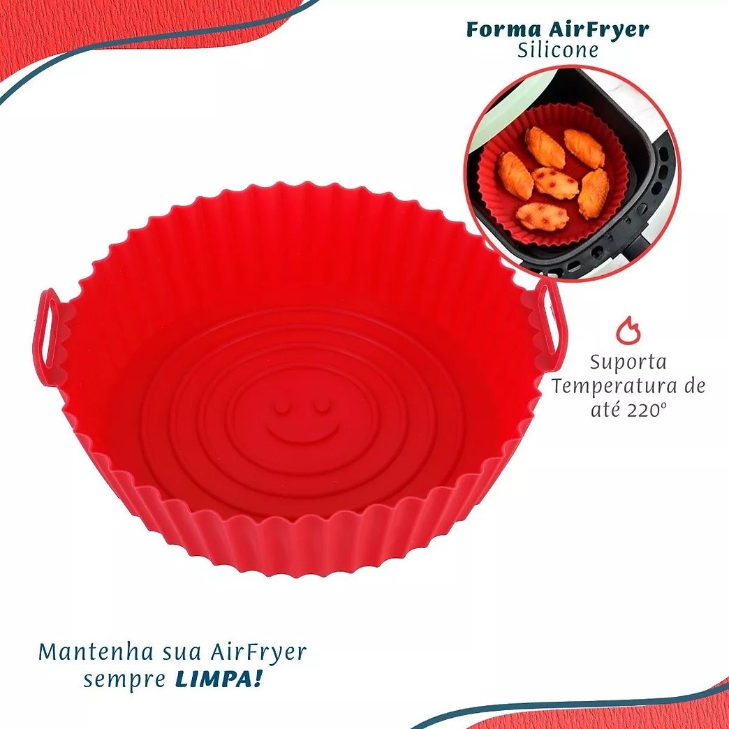 Forma Assadeira Silicone Flexível para Air Fryer – Lavável e Antiaderente – Vermelha